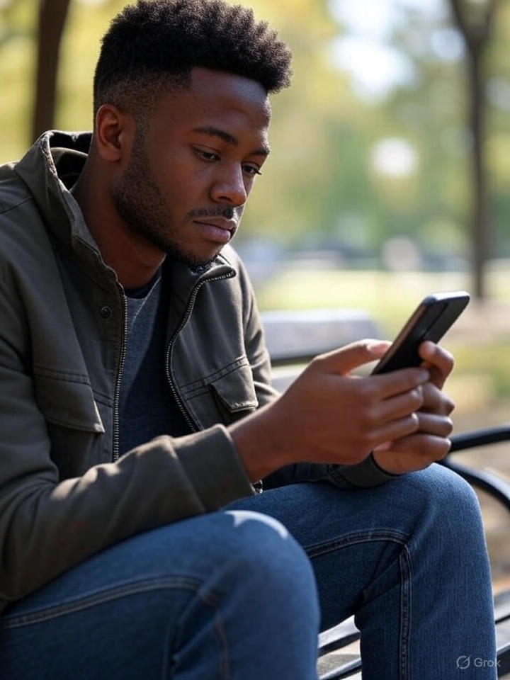 A person sitting on a bench in a park, holding a mobile phone with a thoughtful expression.