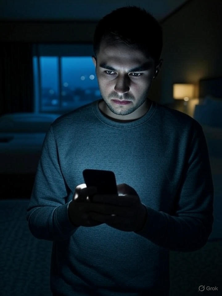Man scanning hotel room for hidden surveillance camera