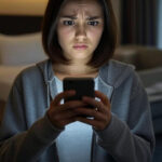 girl using smartphone to detect hidden spycamera in hotel room