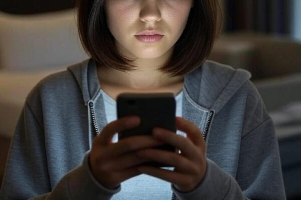 girl using smartphone to detect hidden spycamera in hotel room