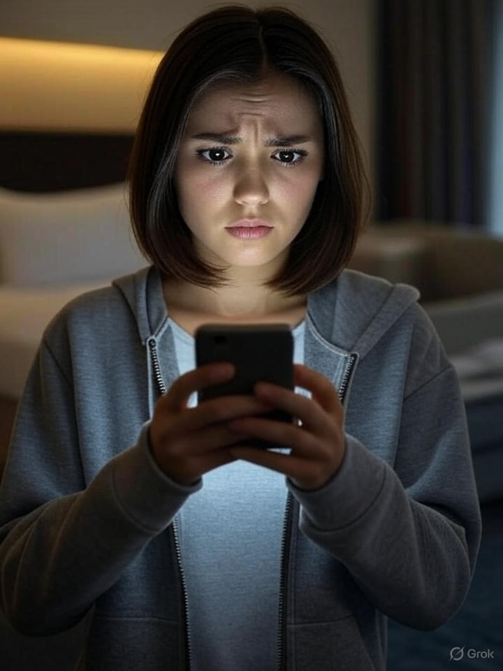 girl using smartphone to detect hidden spycamera in hotel room