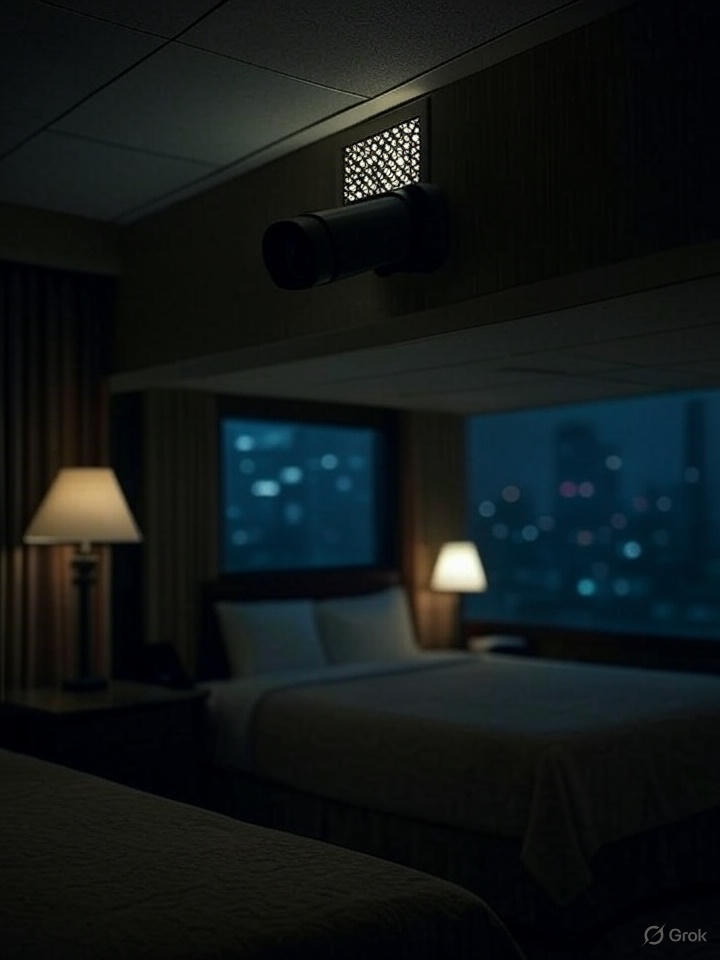 Person detecting hidden spy camera in hotel room using mobile phone flashlight